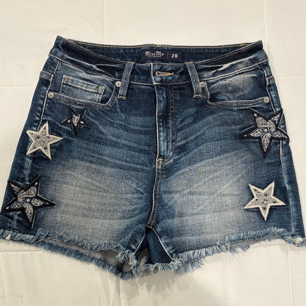 Miss Me Dark Blue Star-Patterned Jean Shorts